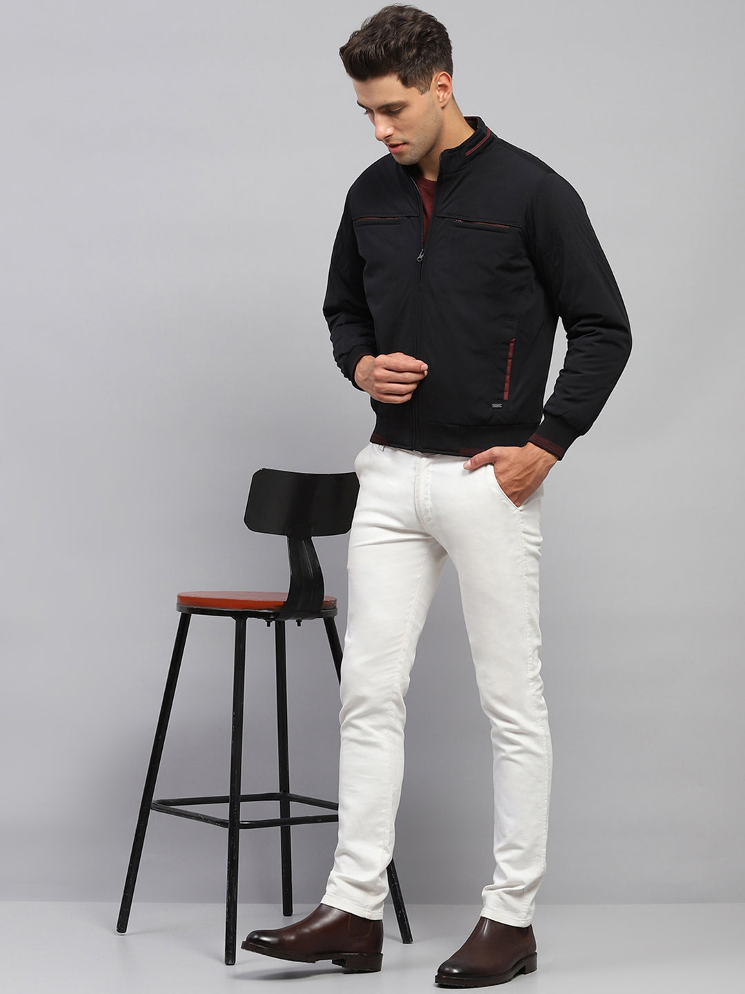 Men Black Solid Mock Neck Full Sleeve Jacket