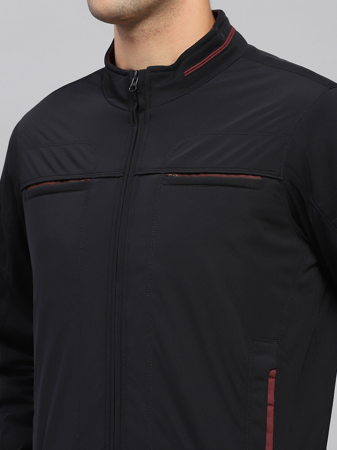 Men Black Solid Mock Neck Full Sleeve Jacket