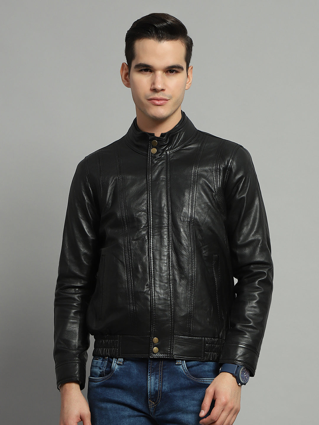 Luxuria Men Black Solid Mock Neck Full Sleeve Leather Jacket