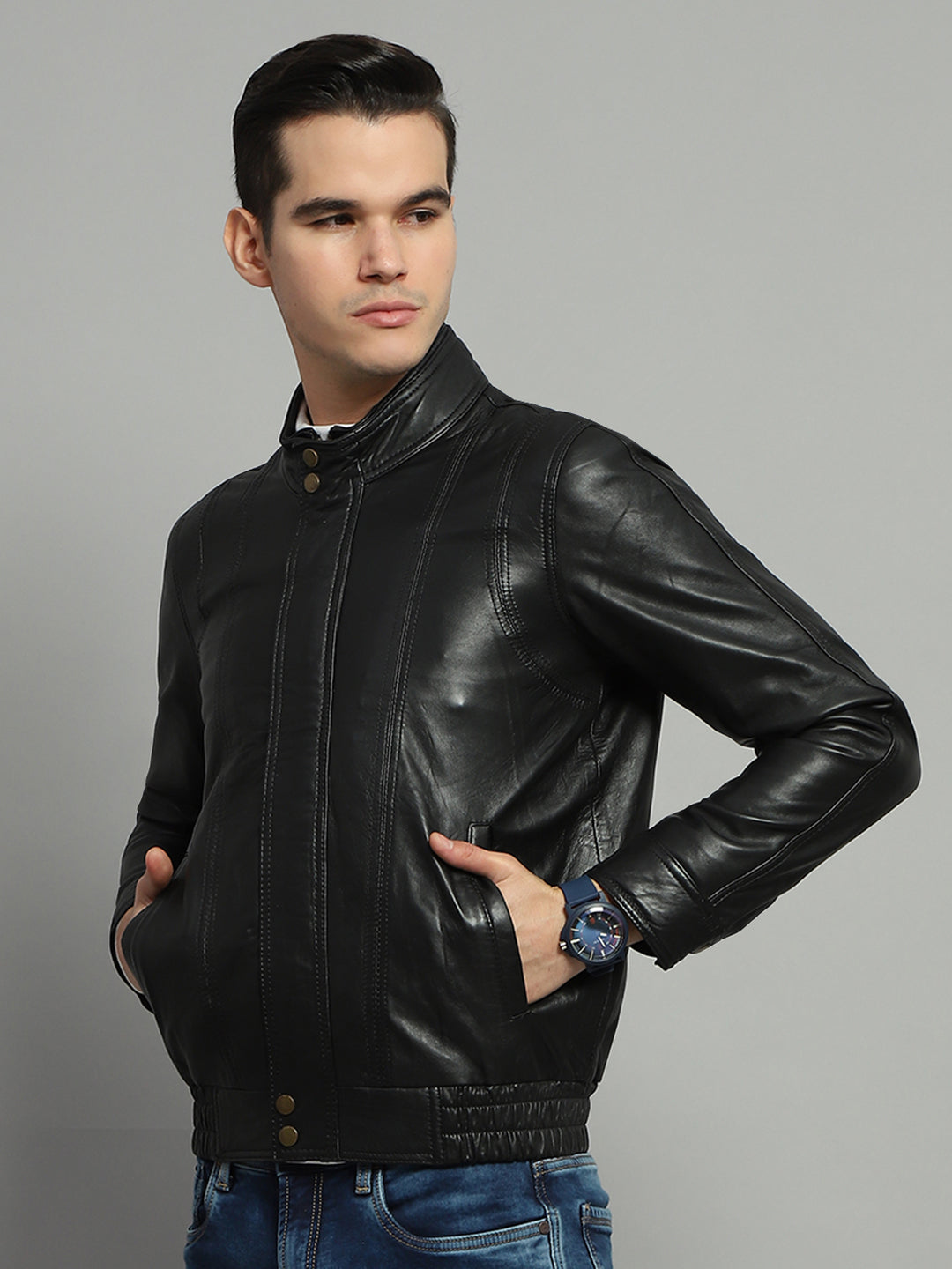 Luxuria Men Black Solid Mock Neck Full Sleeve Leather Jacket