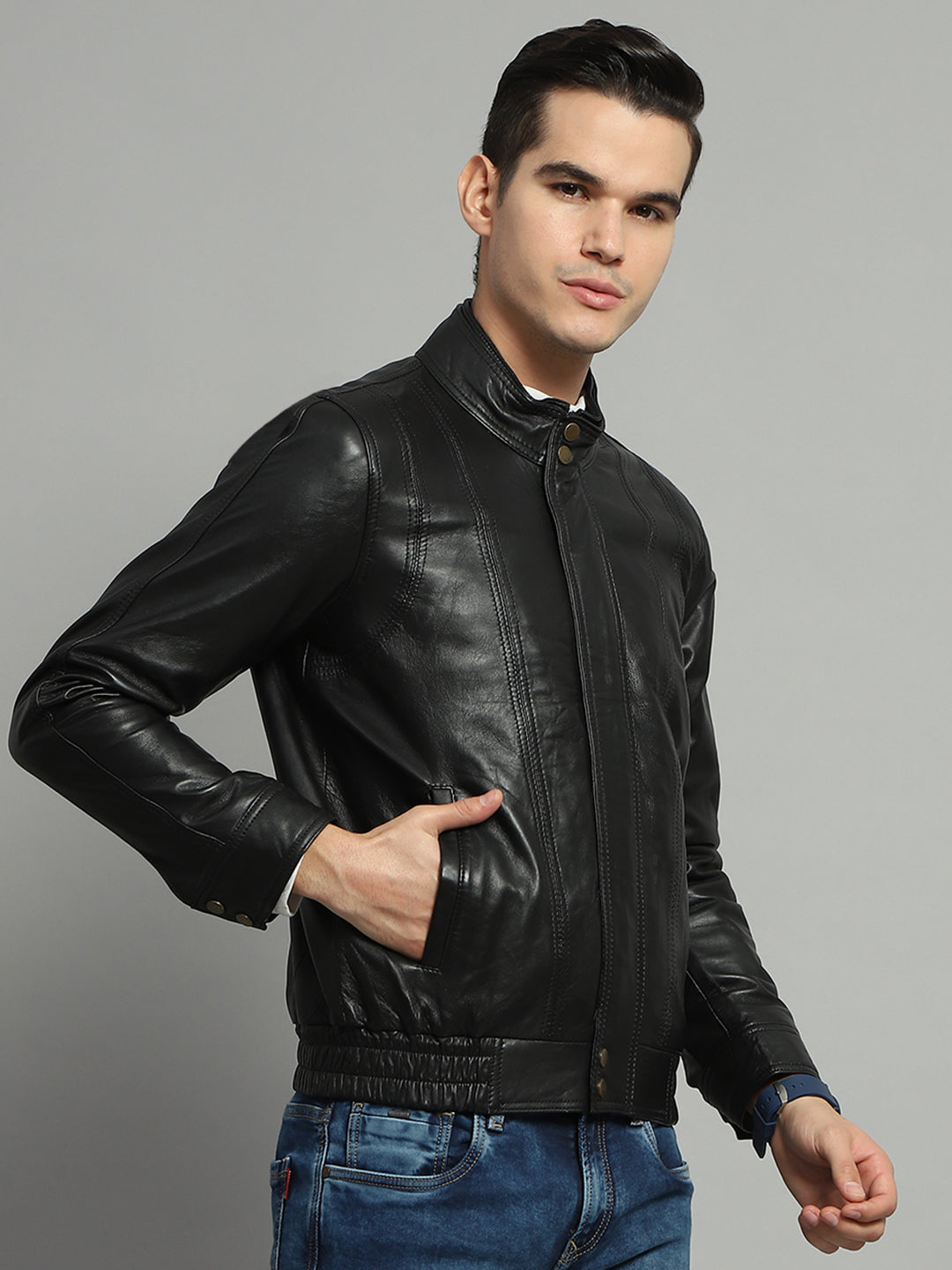 Luxuria Men Black Solid Mock Neck Full Sleeve Leather Jacket
