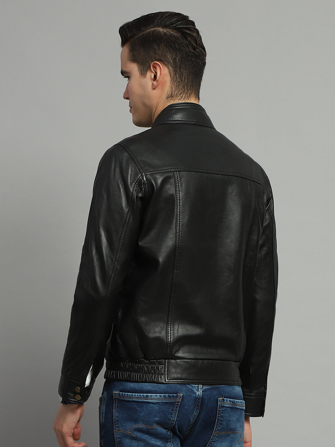 Luxuria Men Black Solid Mock Neck Full Sleeve Leather Jacket