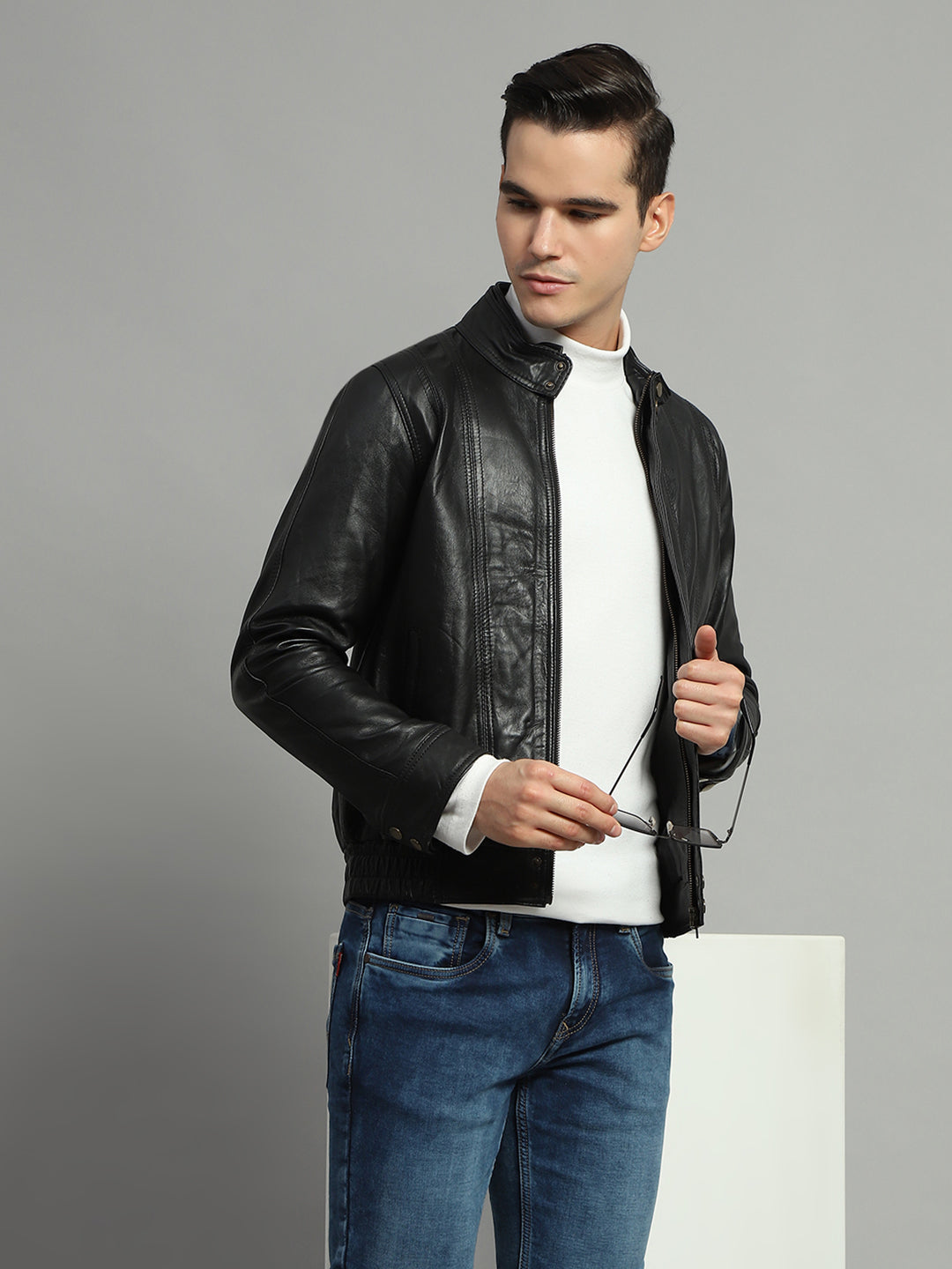Luxuria Men Black Solid Mock Neck Full Sleeve Leather Jacket