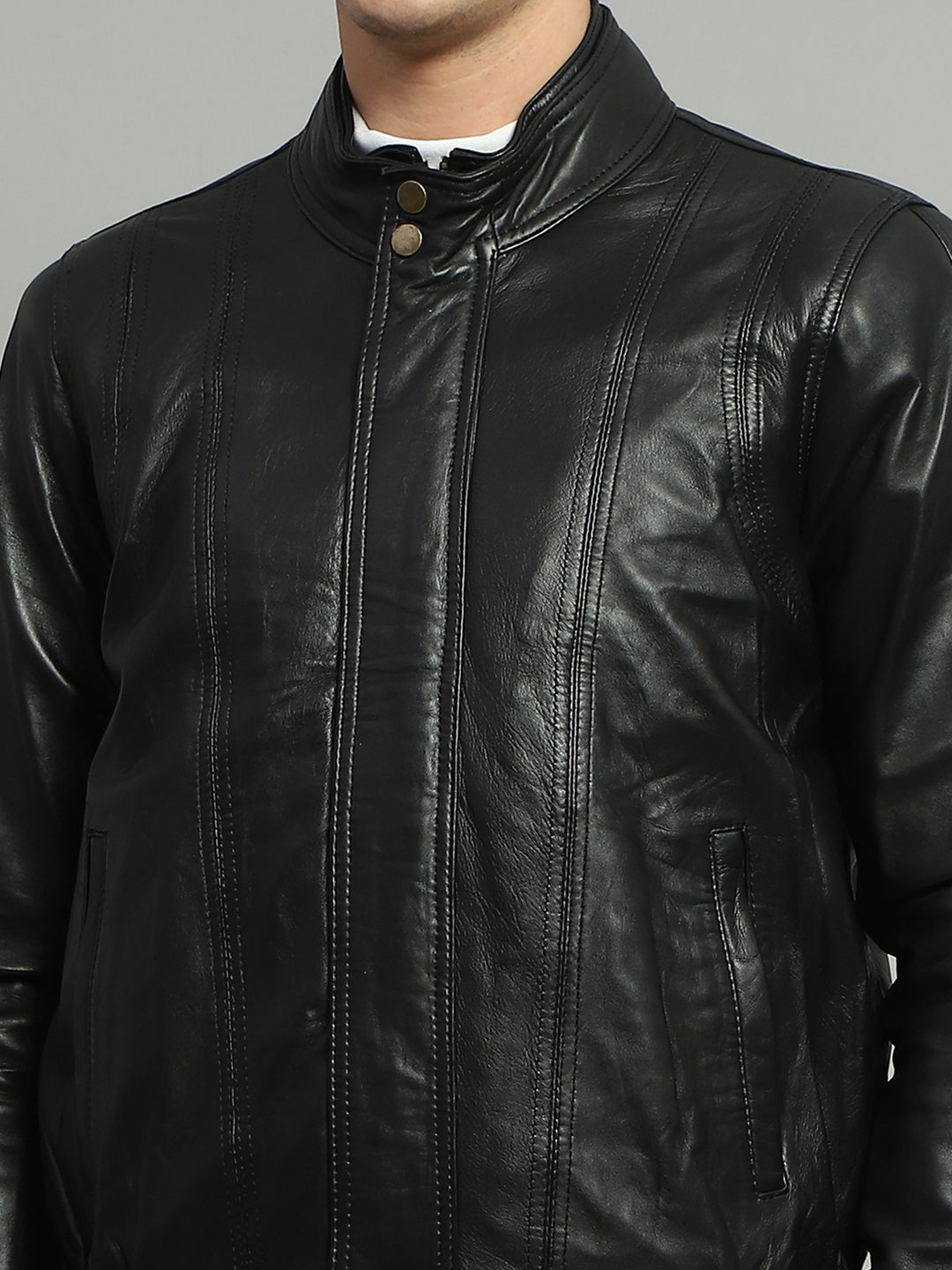 Luxuria Men Black Solid Mock Neck Full Sleeve Leather Jacket