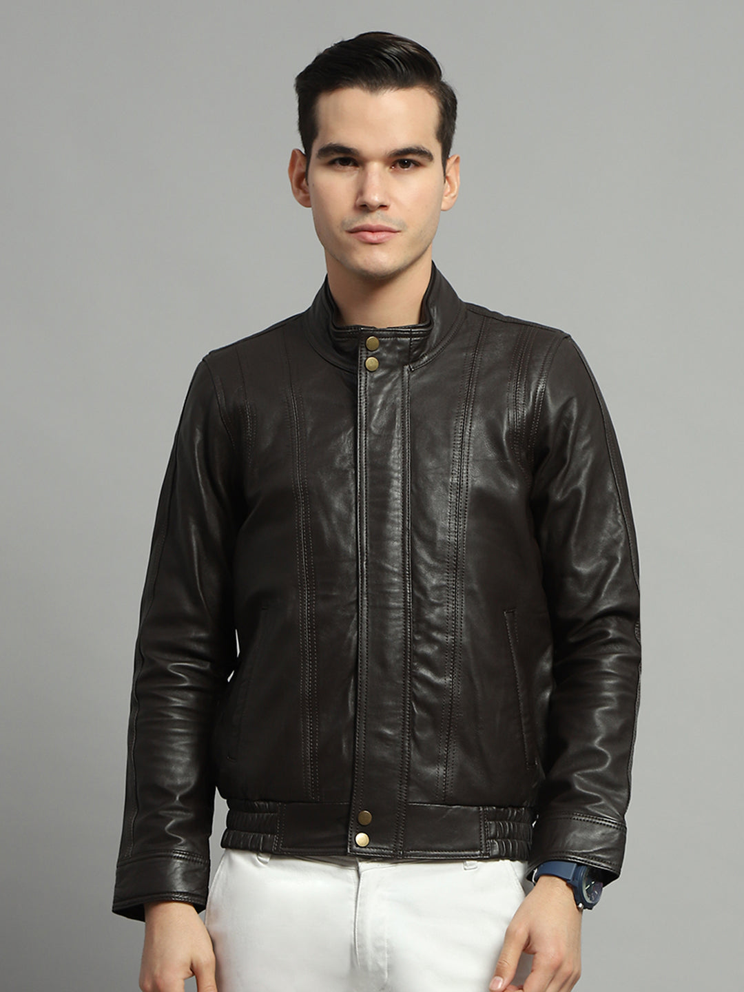 Luxuria Men Brown Solid Mock Neck Full Sleeve Leather Jacket