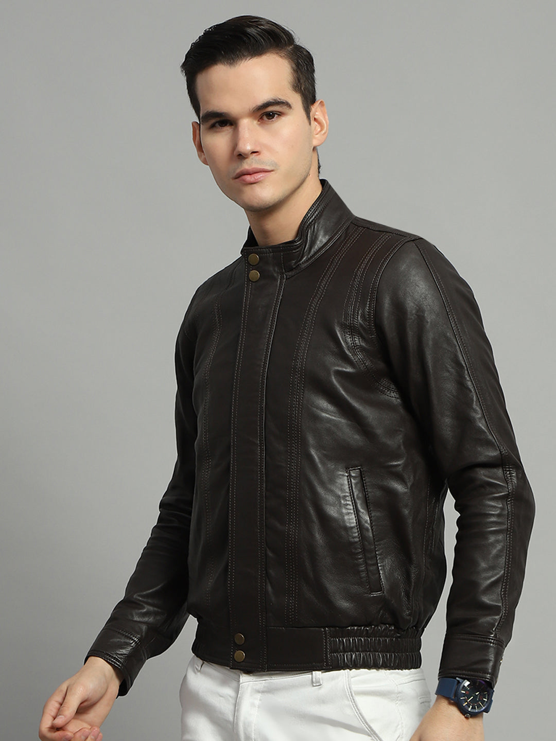 Luxuria Men Brown Solid Mock Neck Full Sleeve Leather Jacket