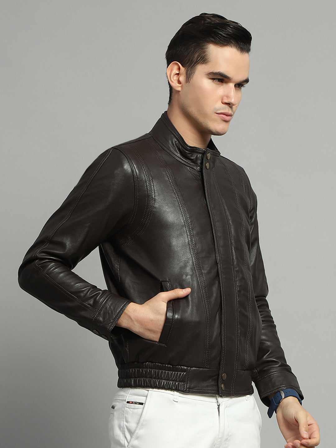 Luxuria Men Brown Solid Mock Neck Full Sleeve Leather Jacket