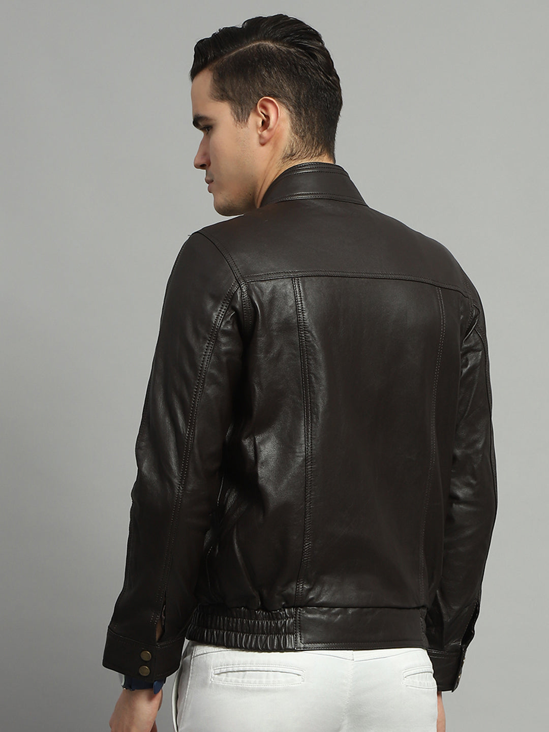 Luxuria Men Brown Solid Mock Neck Full Sleeve Leather Jacket