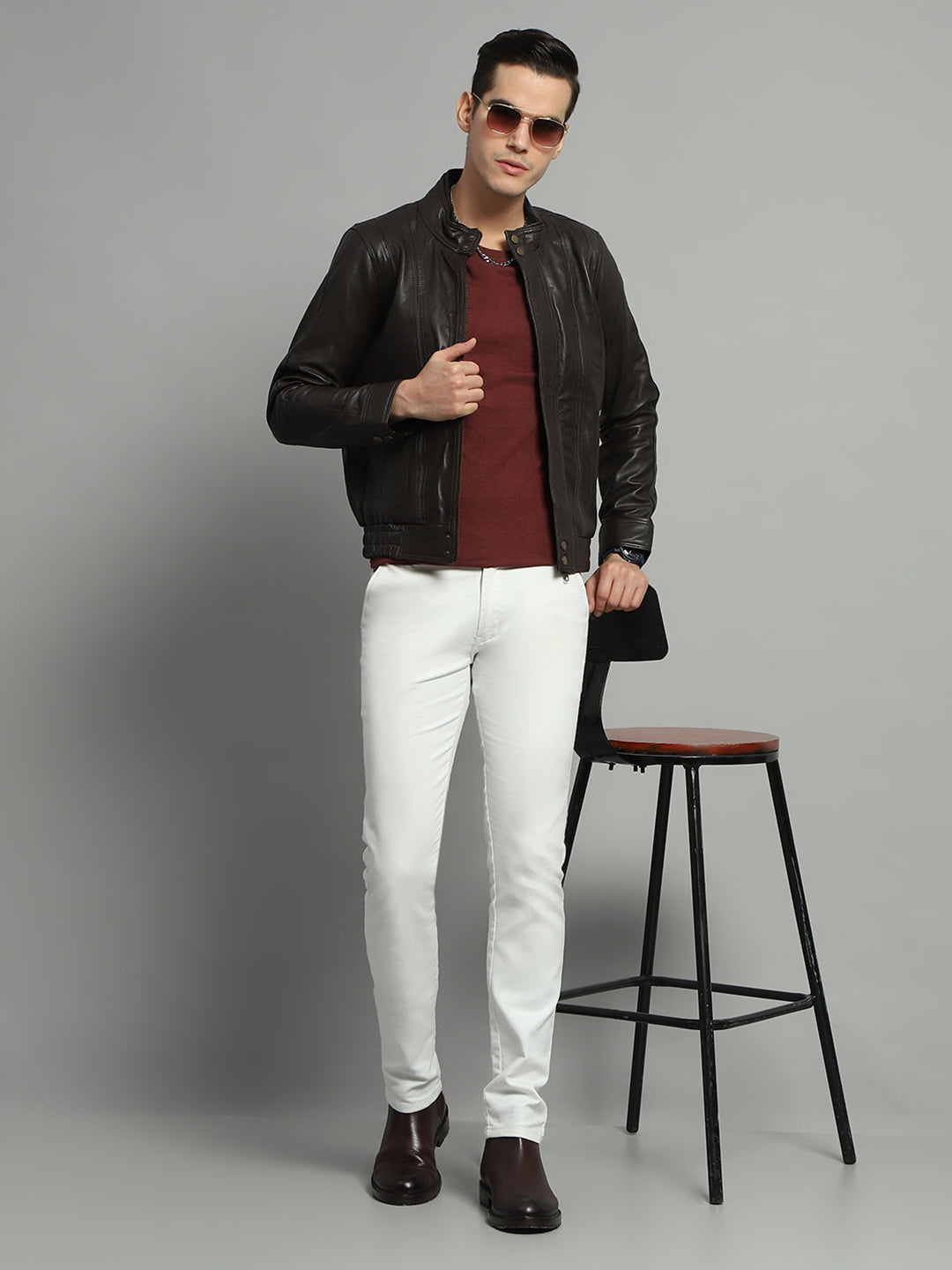 Luxuria Men Brown Solid Mock Neck Full Sleeve Leather Jacket