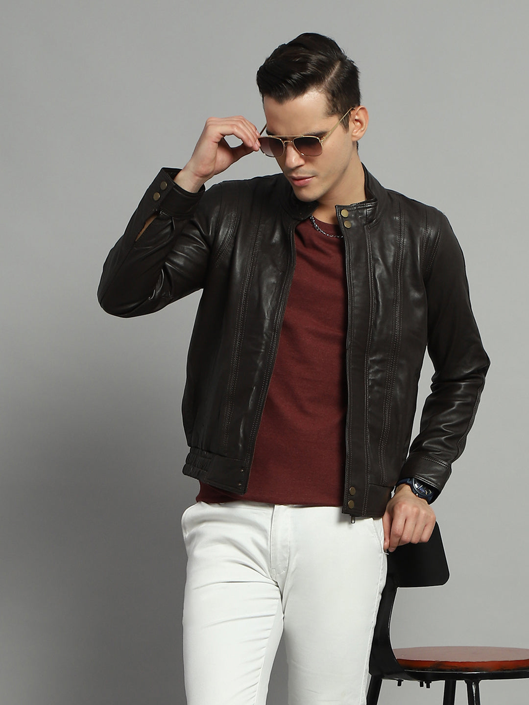 Luxuria Men Brown Solid Mock Neck Full Sleeve Leather Jacket