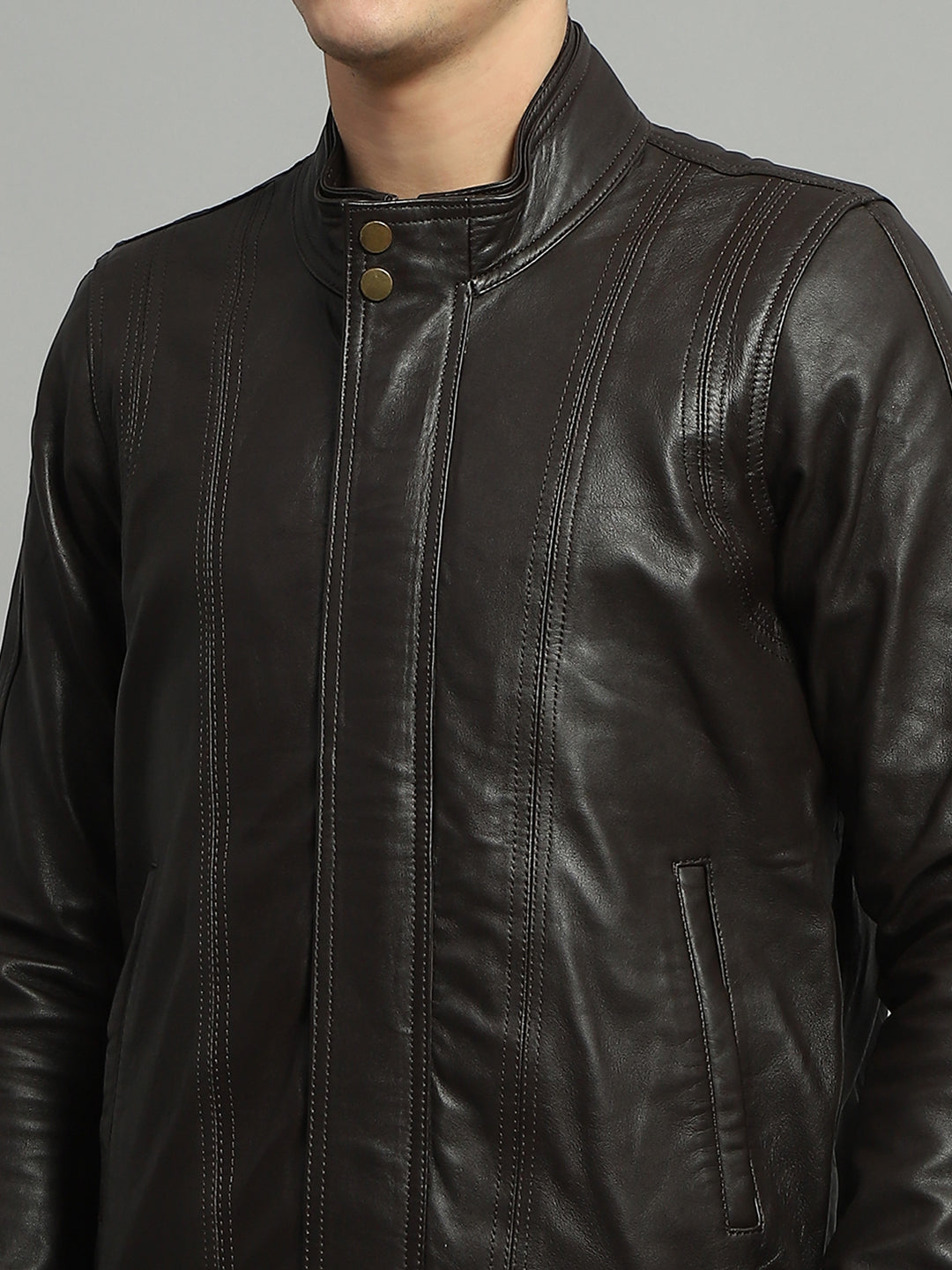 Luxuria Men Brown Solid Mock Neck Full Sleeve Leather Jacket