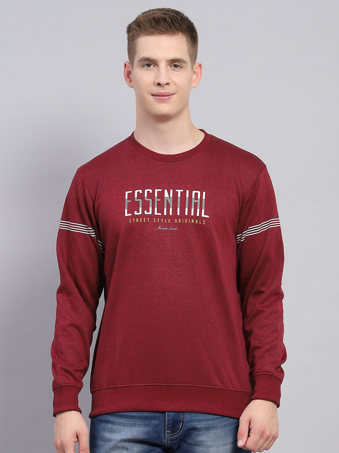 Men Maroon Printed Round Neck Full Sleeve Winter T-Shirt