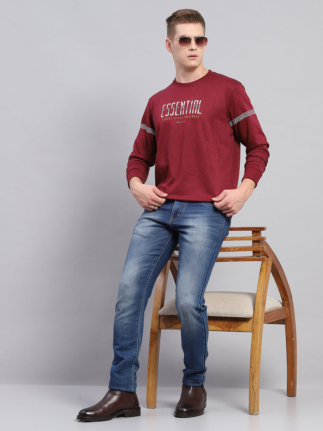 Men Maroon Printed Round Neck Full Sleeve Winter T-Shirt