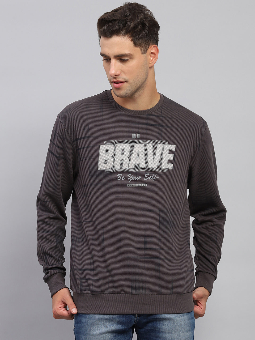 Men Charcoal Printed Round Neck Full Sleeve Sweatshirt