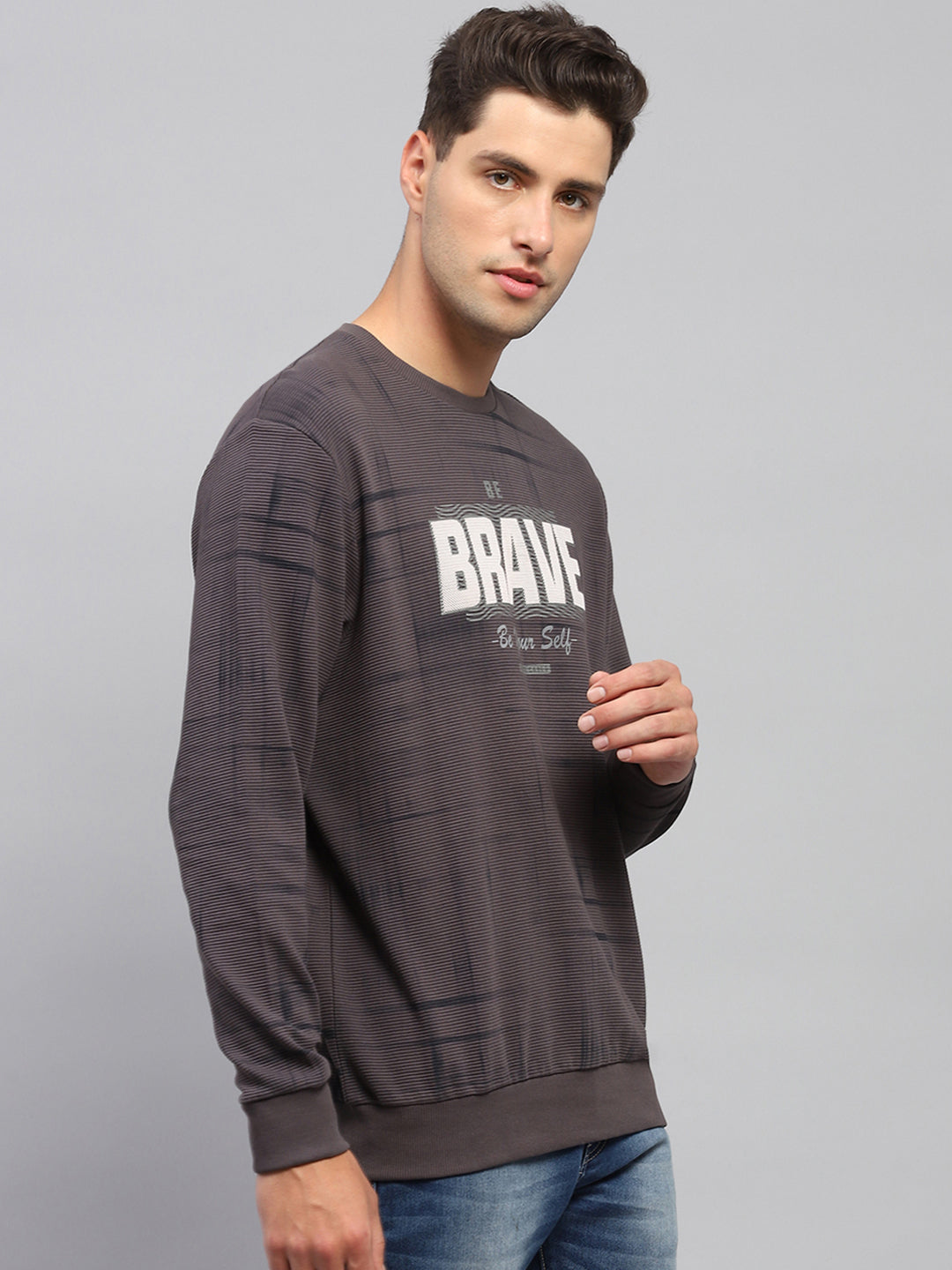 Men Charcoal Printed Round Neck Full Sleeve Sweatshirt