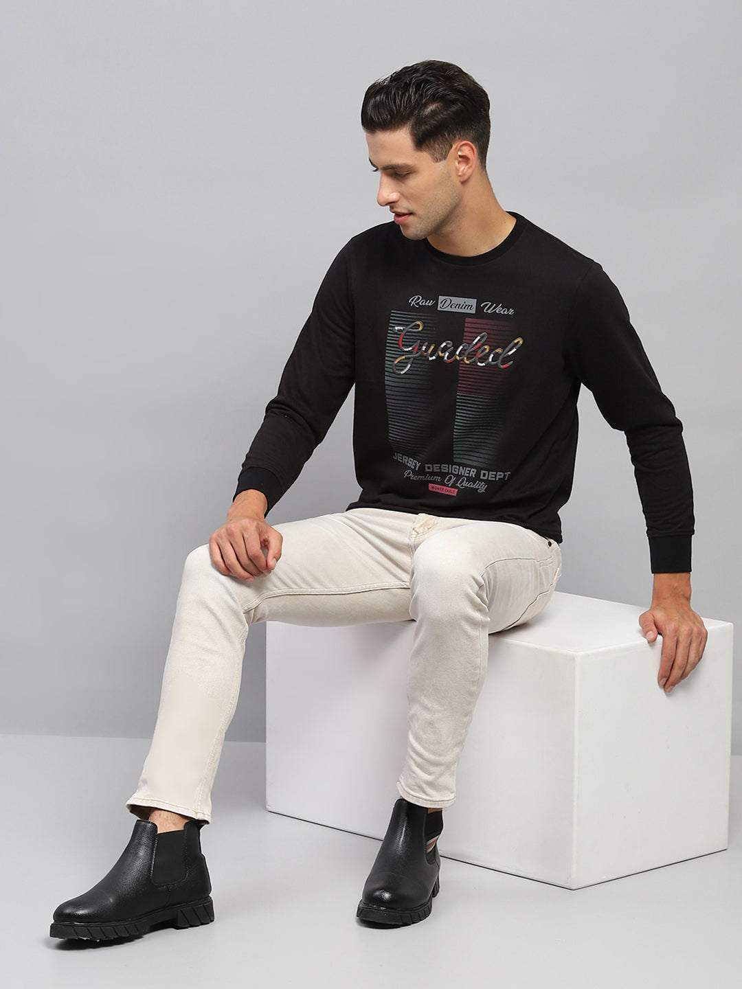 Men Black Printed Round Neck Full Sleeve Sweatshirt