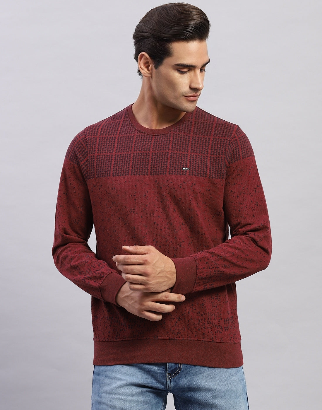 Men Maroon Printed Round Neck Full Sleeve Winter T-Shirt