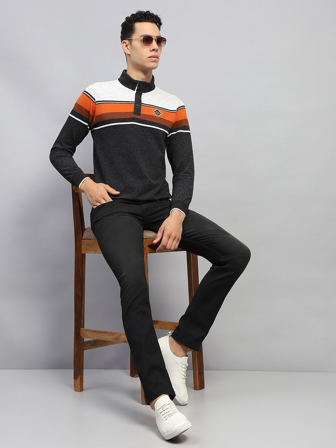 Men Black Self Design Band Collar Full Sleeve Winter T-Shirt