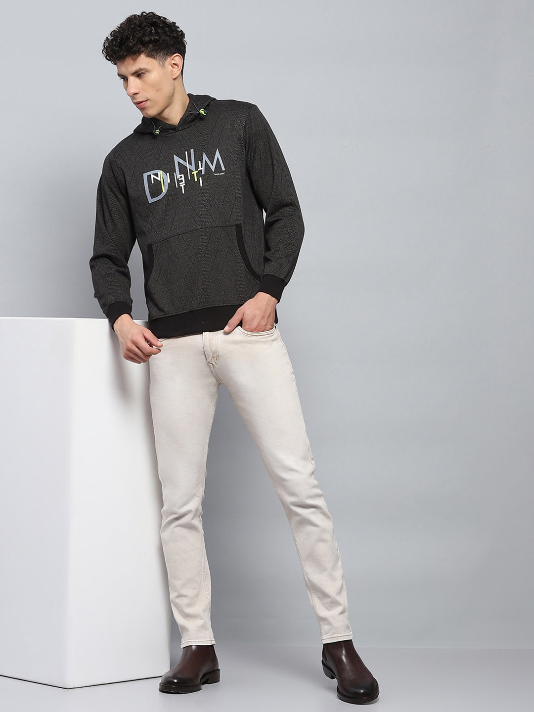 Men Black Self Design Hooded Full Sleeve Winter T-Shirt