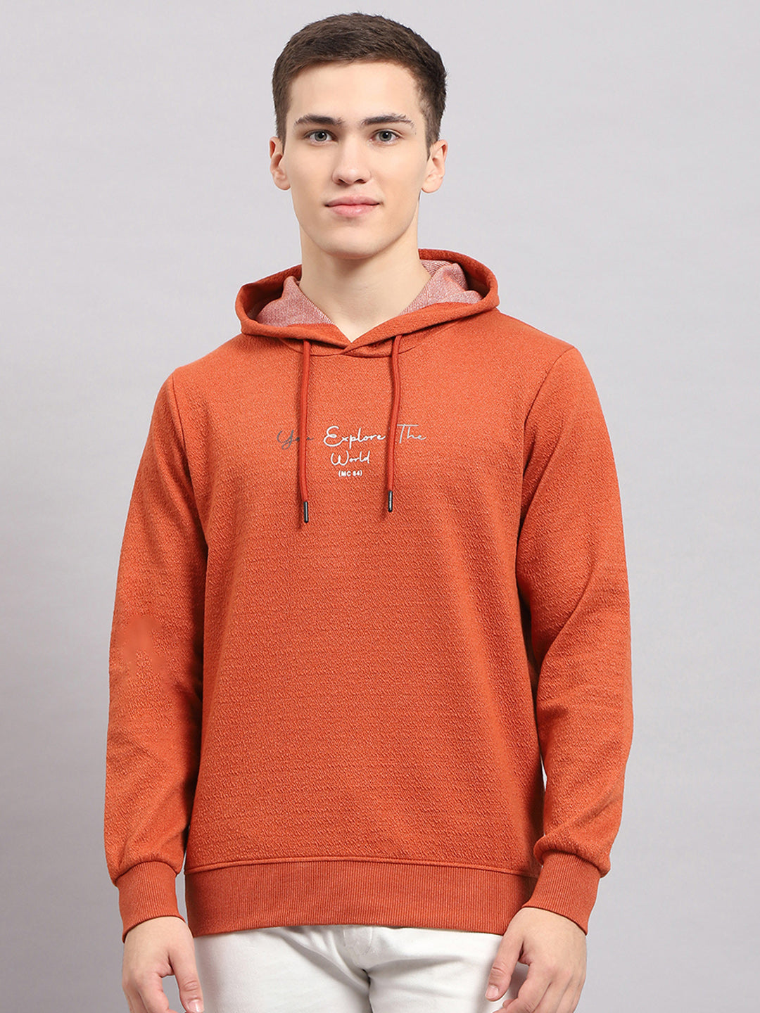 Men Rust Printed Hooded Full Sleeve T-Shirt