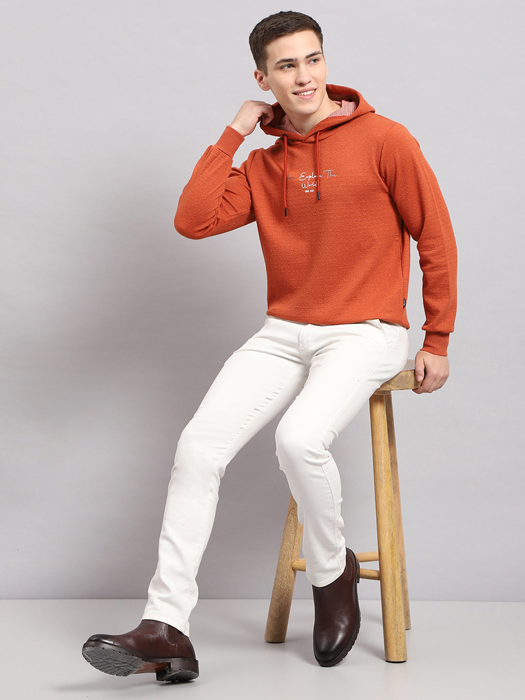 Men Rust Printed Hooded Full Sleeve T-Shirt