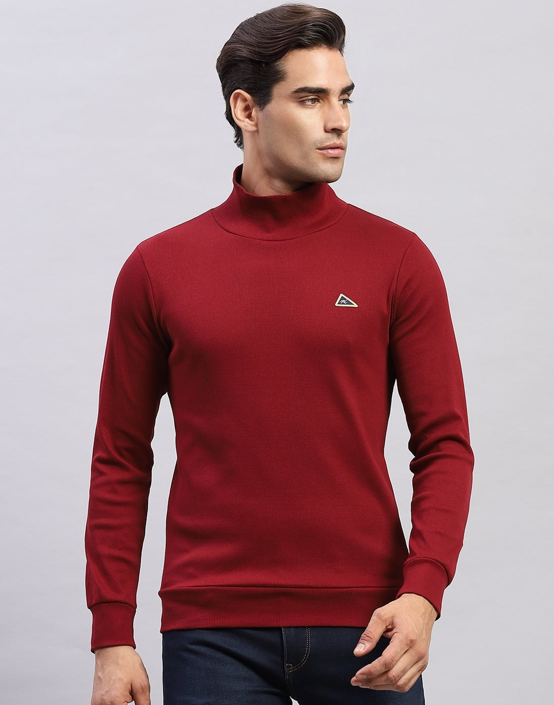 Men Maroon Printed High Neck Full Sleeve Winter T-Shirt