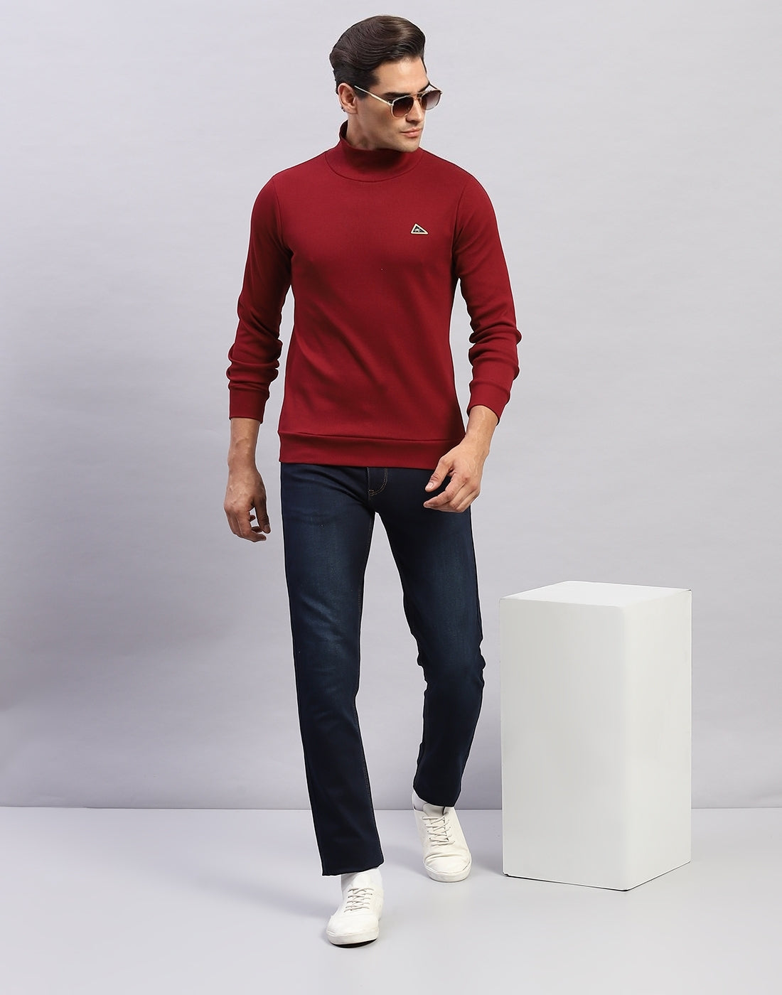 Men Maroon Printed High Neck Full Sleeve Winter T-Shirt
