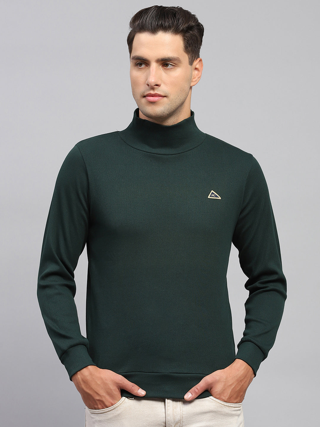 Men Green Solid High Neck Full Sleeve Sweatshirt