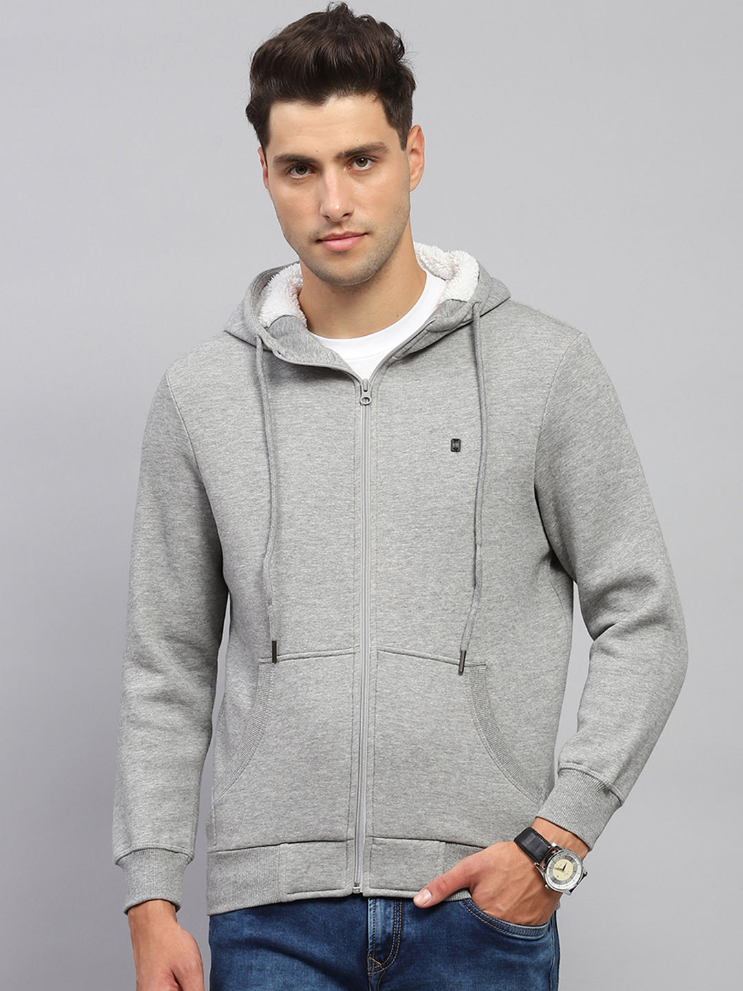 Men Grey Solid Hooded Full Sleeve Sweatshirt