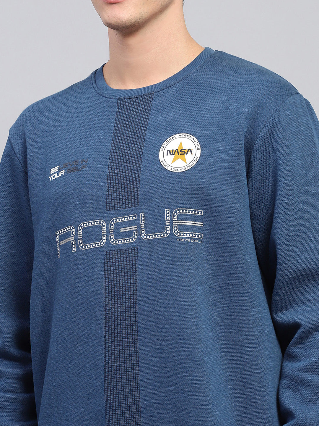 Men Blue Printed Round Neck Full Sleeve Sweatshirt