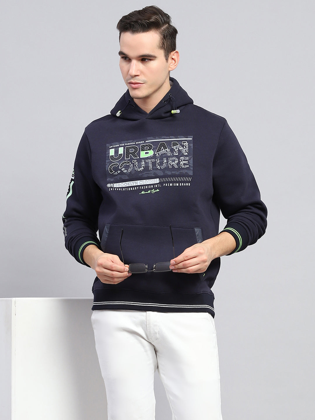 Men Navy Blue Printed Hooded Full Sleeve Sweatshirt