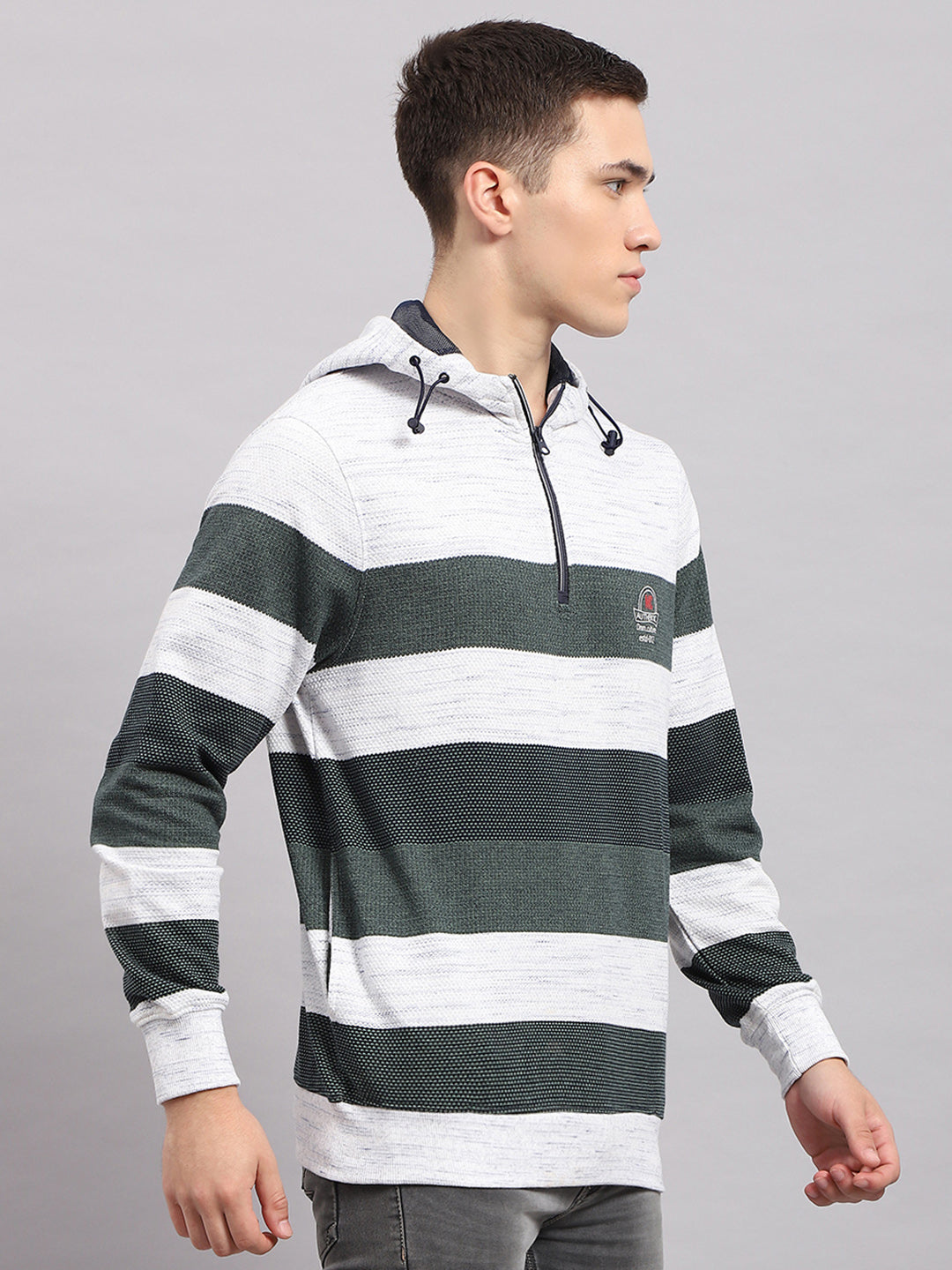 Men Green Stripe Hooded Full Sleeve Sweatshirt