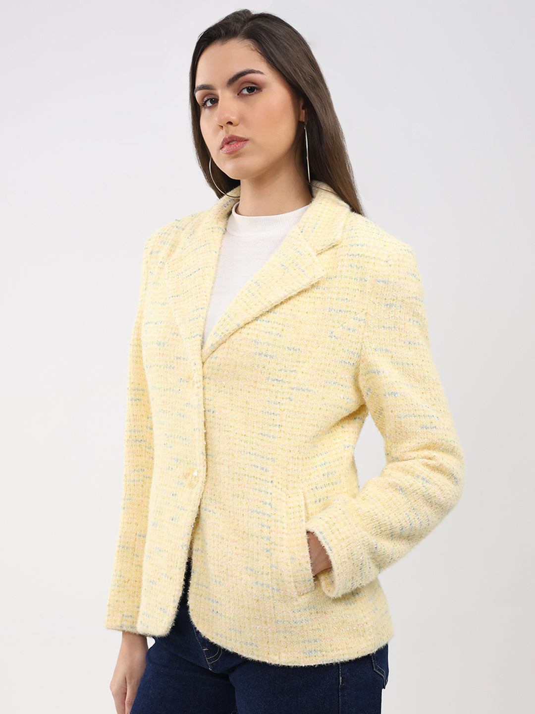 Women Yellow Self Design Notch Lapel Collar Full Sleeve Coat