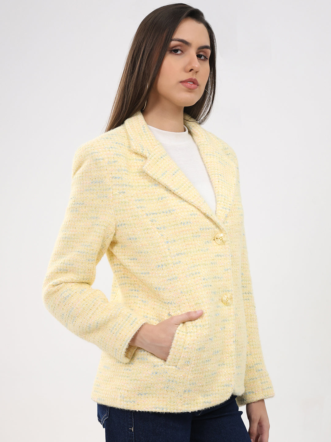 Women Yellow Self Design Notch Lapel Collar Full Sleeve Coat