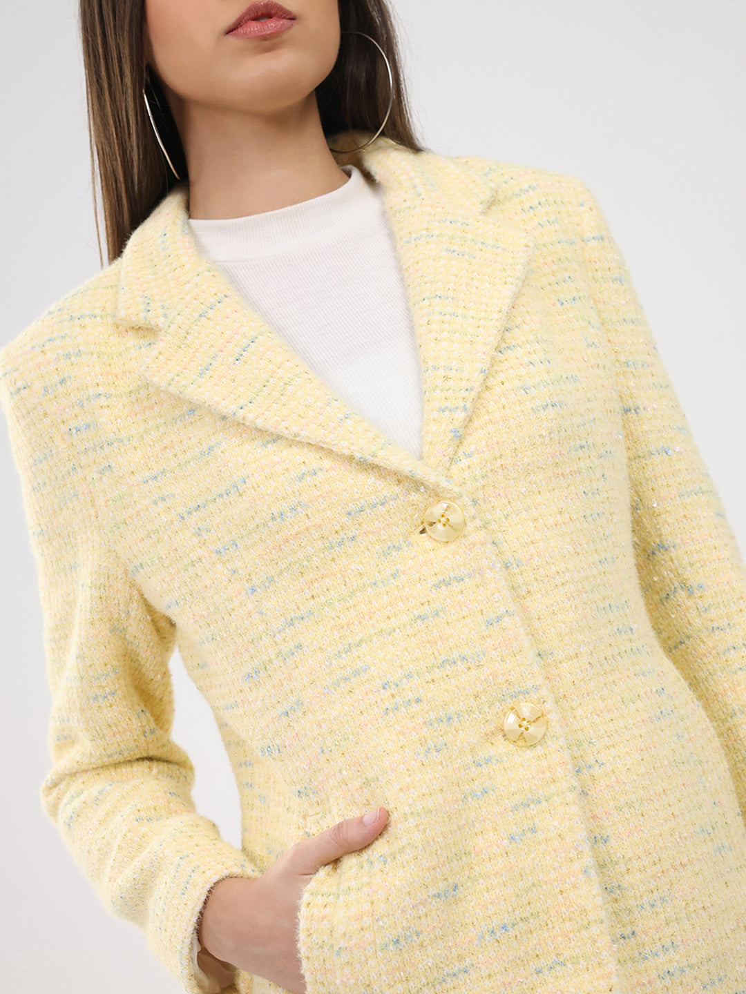 Women Yellow Self Design Notch Lapel Collar Full Sleeve Coat
