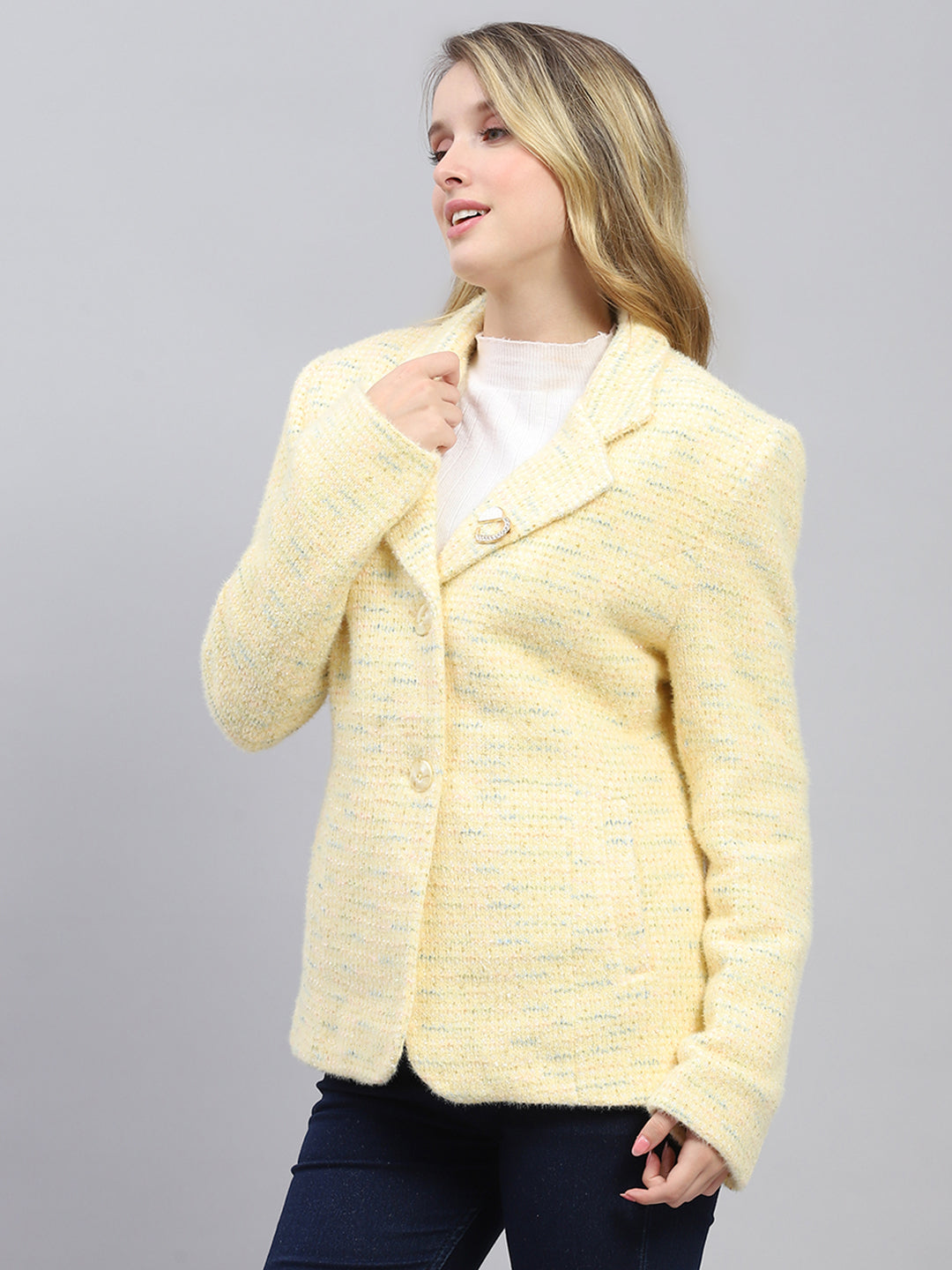 Women Mustard Self Design Collar Full Sleeve Coat