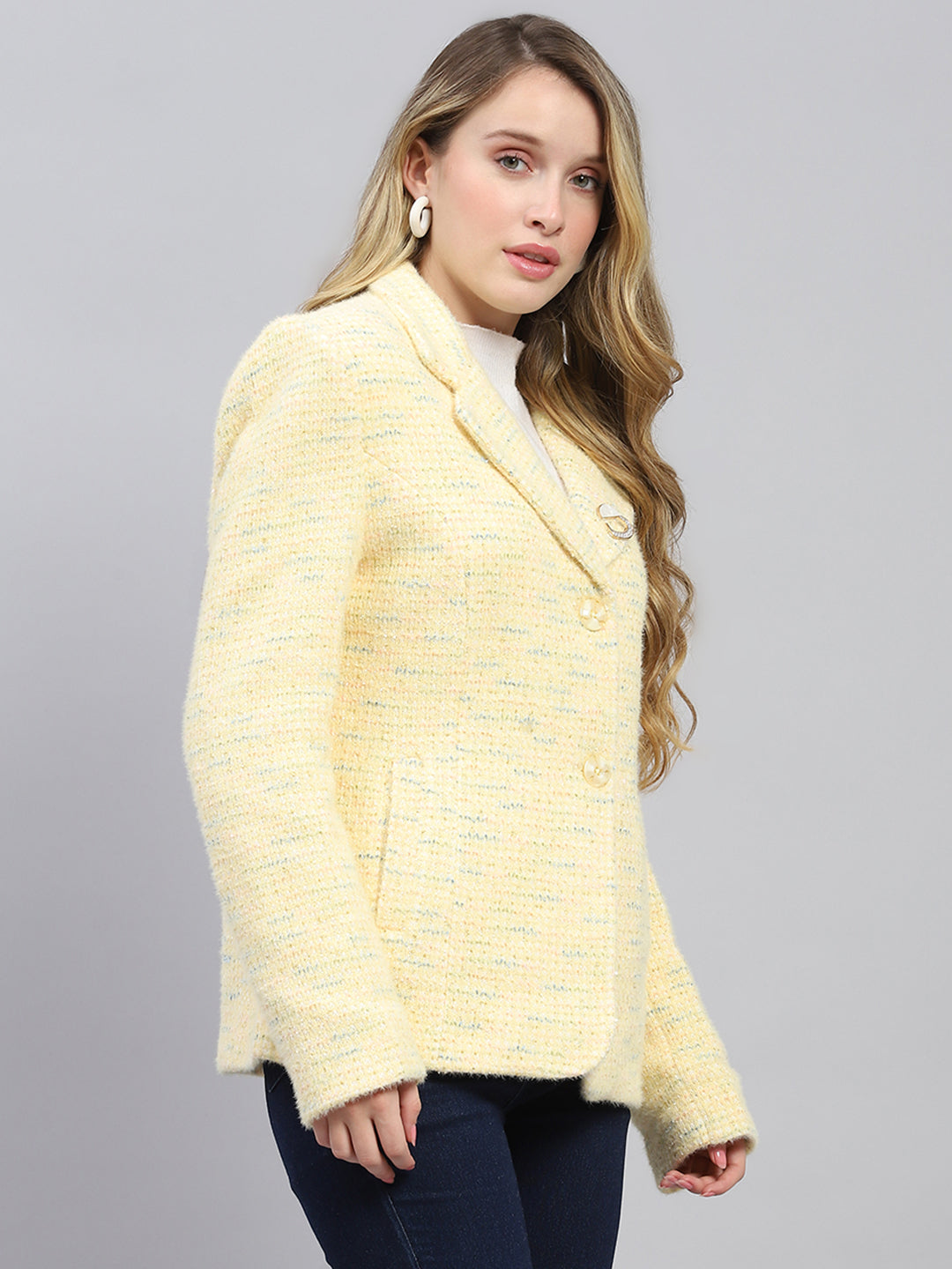 Women Mustard Self Design Collar Full Sleeve Coat