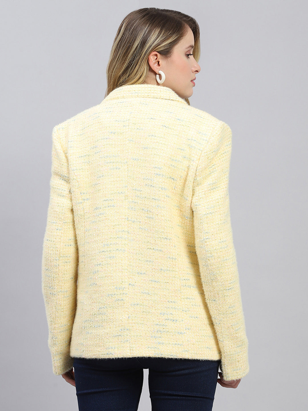 Women Mustard Self Design Collar Full Sleeve Coat