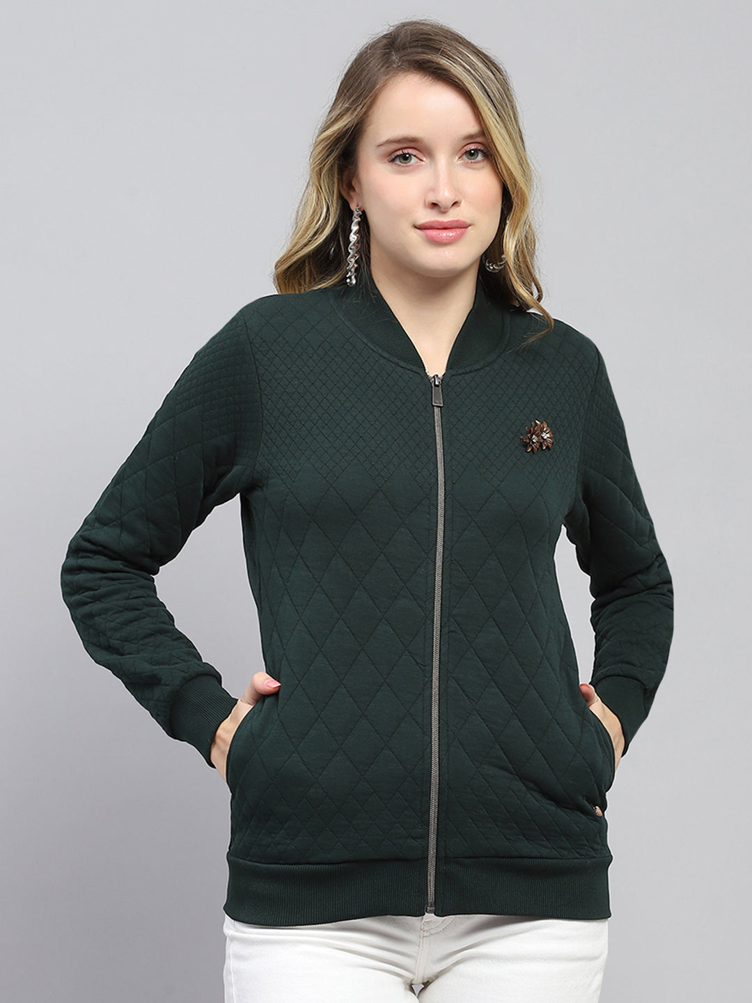 Women Green Self Design Mock Neck Full Sleeve Sweatshirt