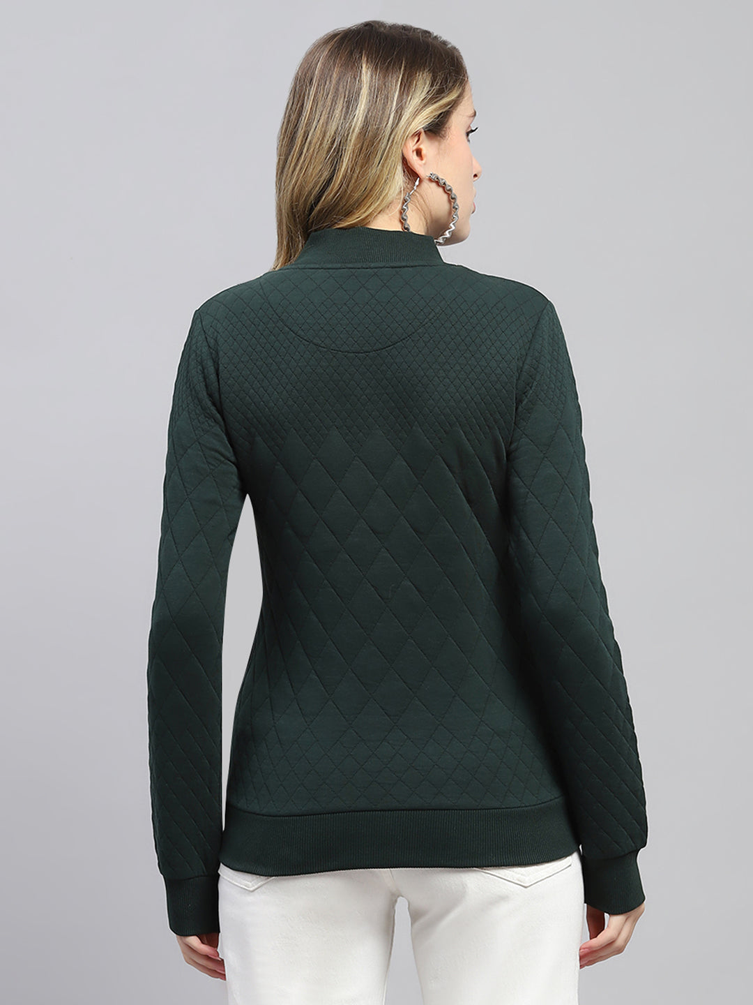 Women Green Self Design Mock Neck Full Sleeve Sweatshirt