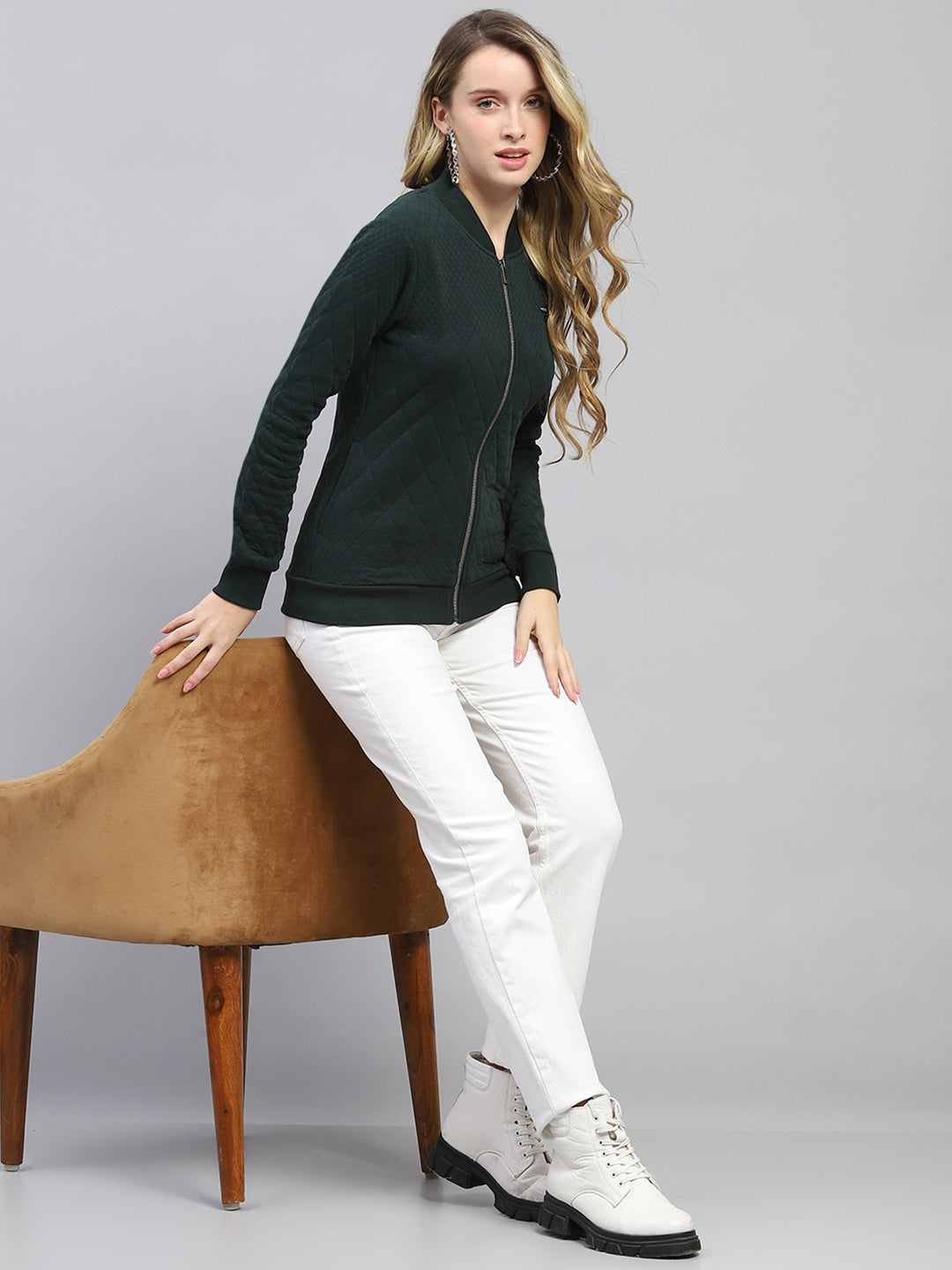 Women Green Self Design Mock Neck Full Sleeve Sweatshirt