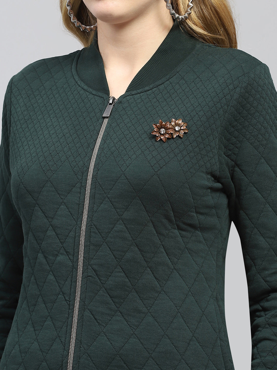 Women Green Self Design Mock Neck Full Sleeve Sweatshirt