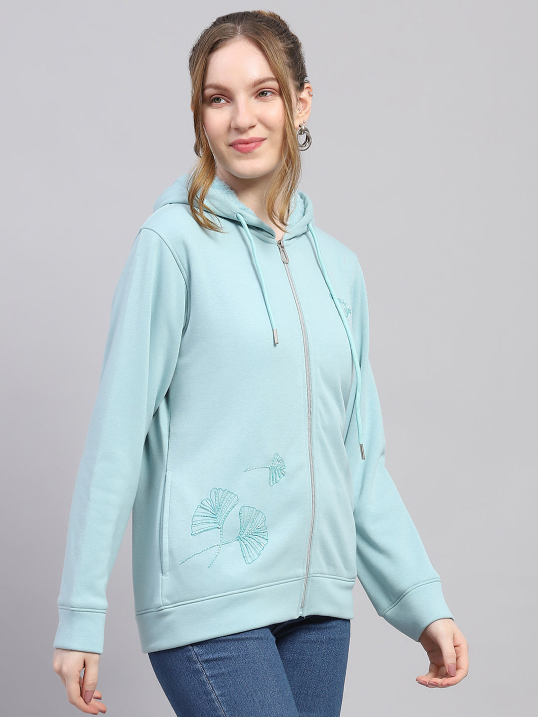 Women Sky Blue Solid Hooded Full Sleeve Sweatshirt