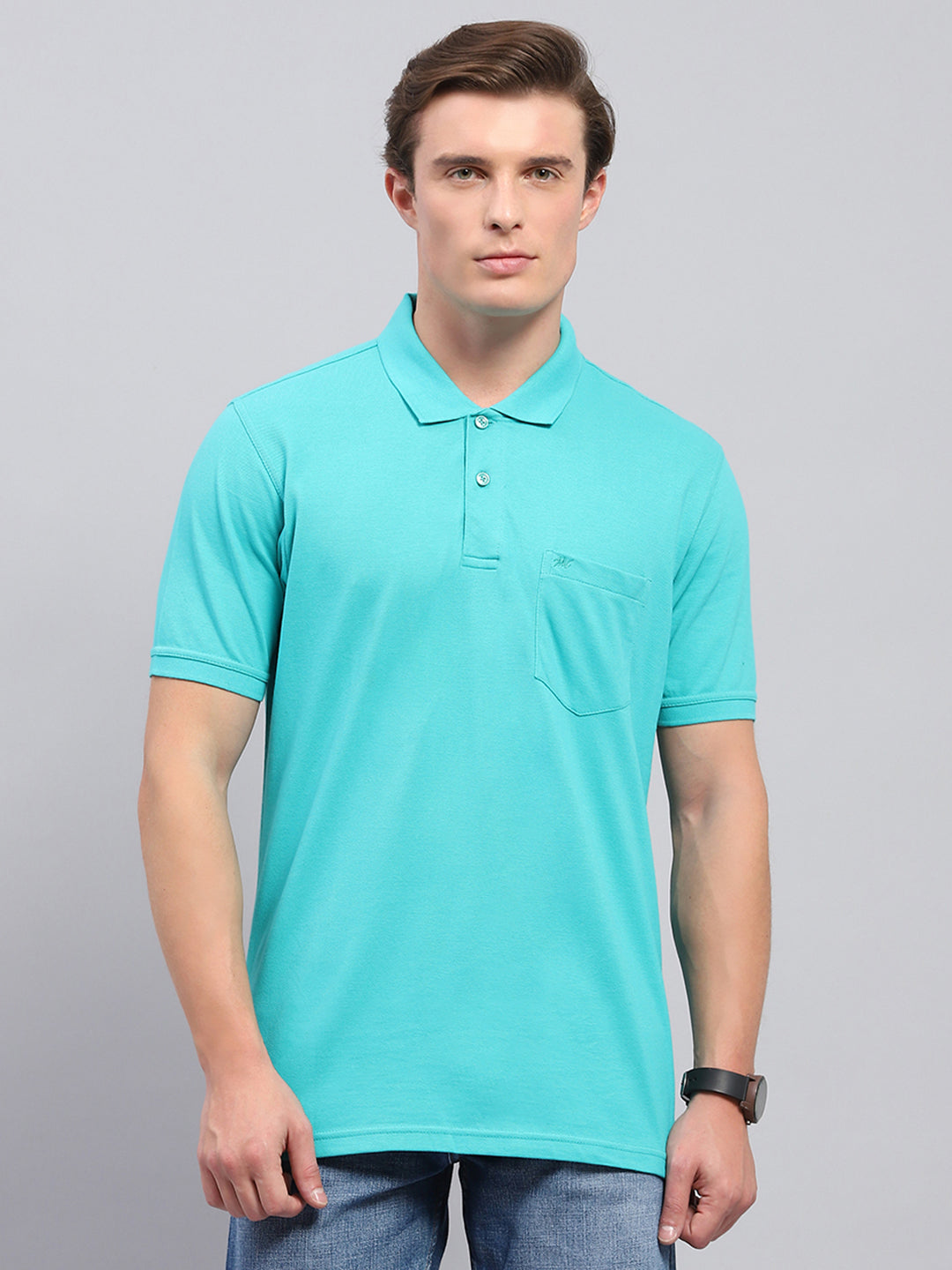 Men Green Solid Collar Half Sleeve T-Shirt