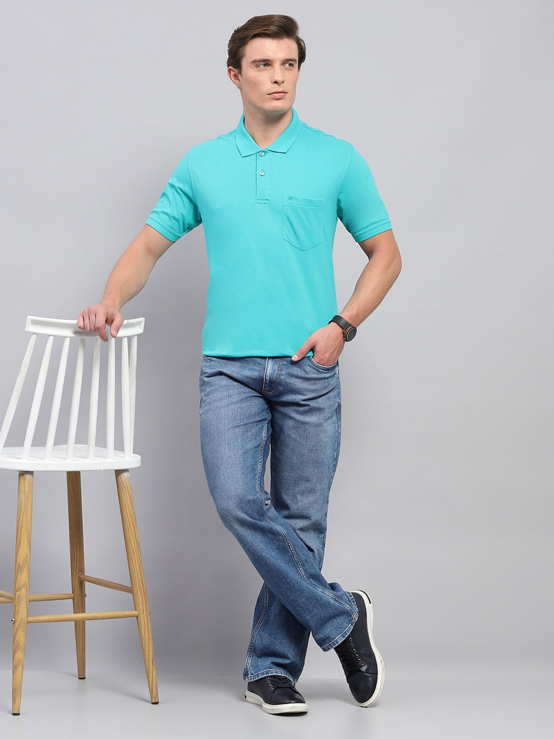Men Green Solid Collar Half Sleeve T-Shirt