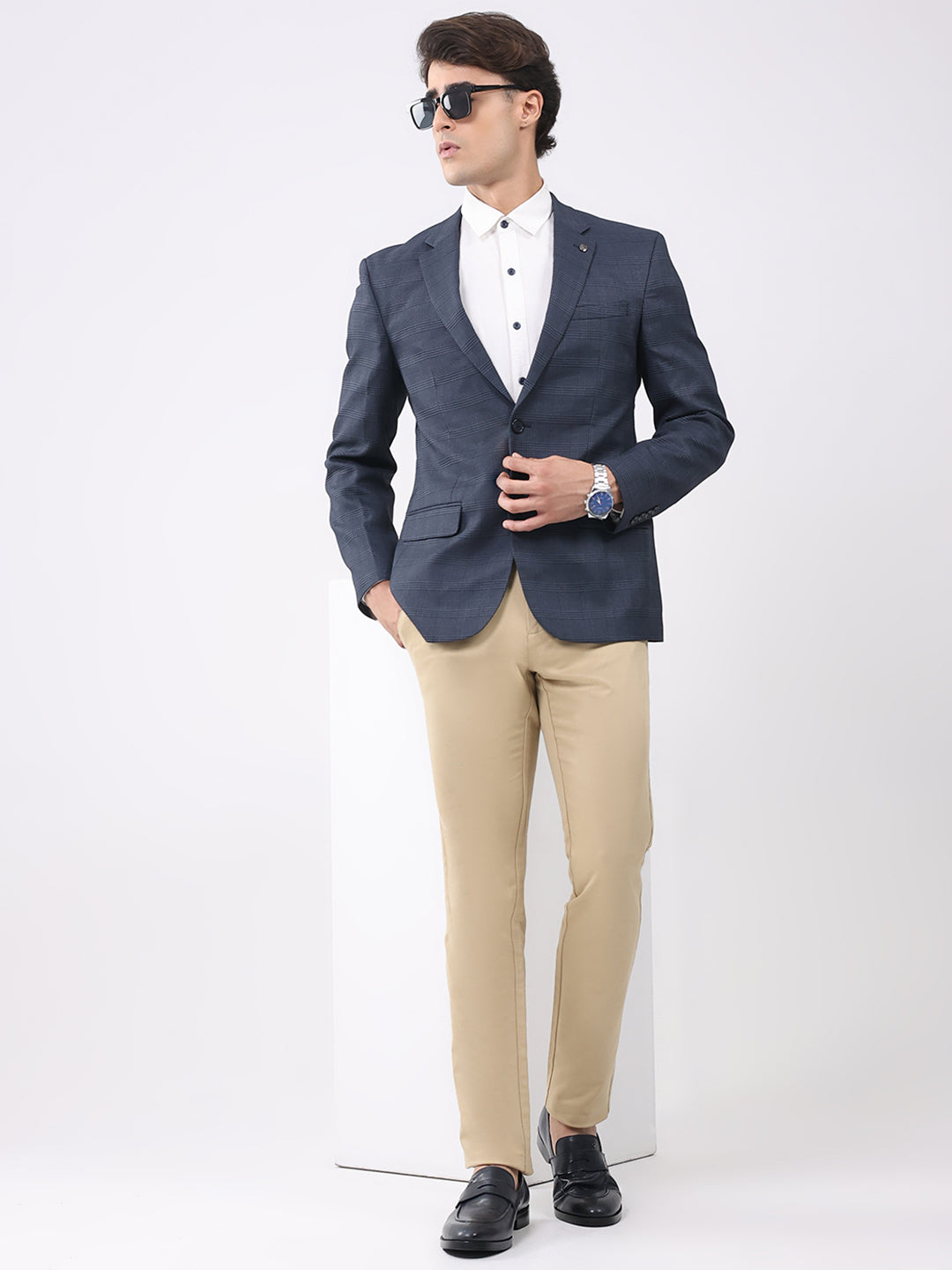 Men Grey Check Notch Lapel Collar Full Sleeve Coat