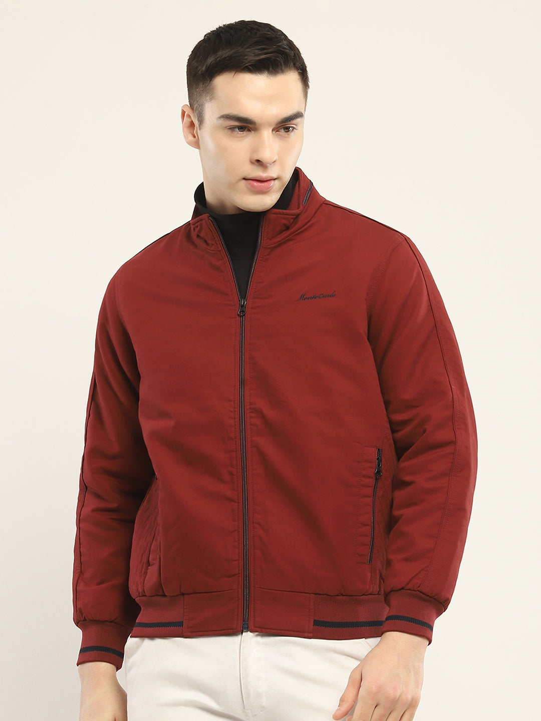 Men Rust Solid Mock Neck Full Sleeve Jacket