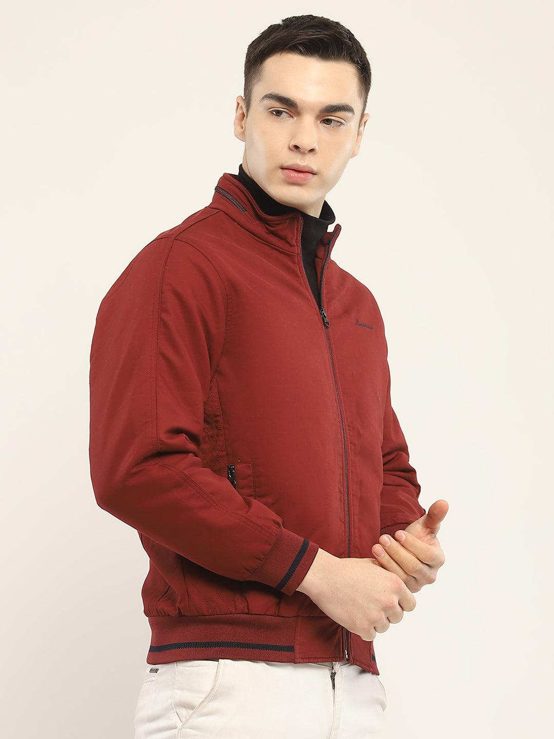 Men Rust Solid Mock Neck Full Sleeve Jacket