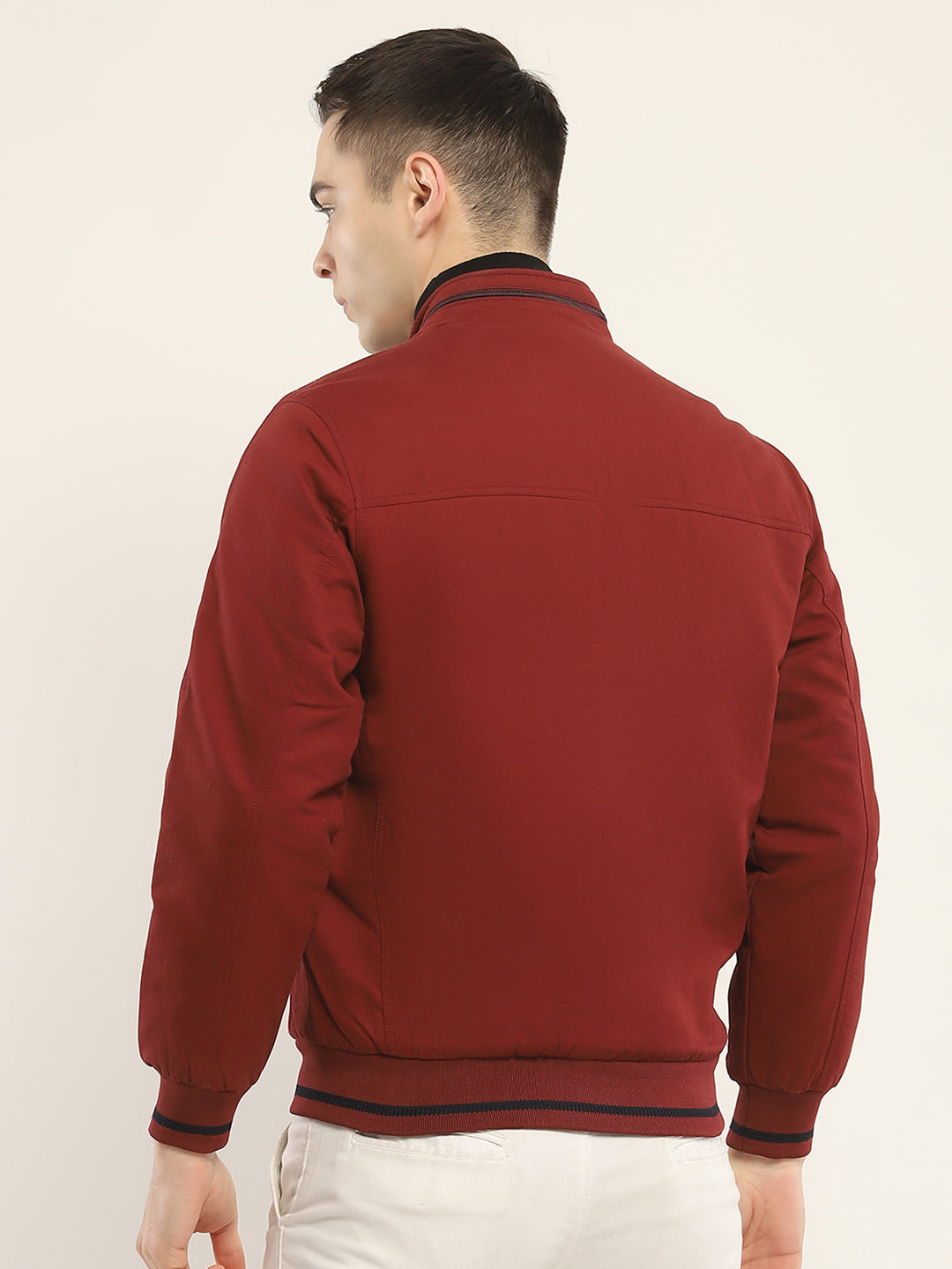 Men Rust Solid Mock Neck Full Sleeve Jacket
