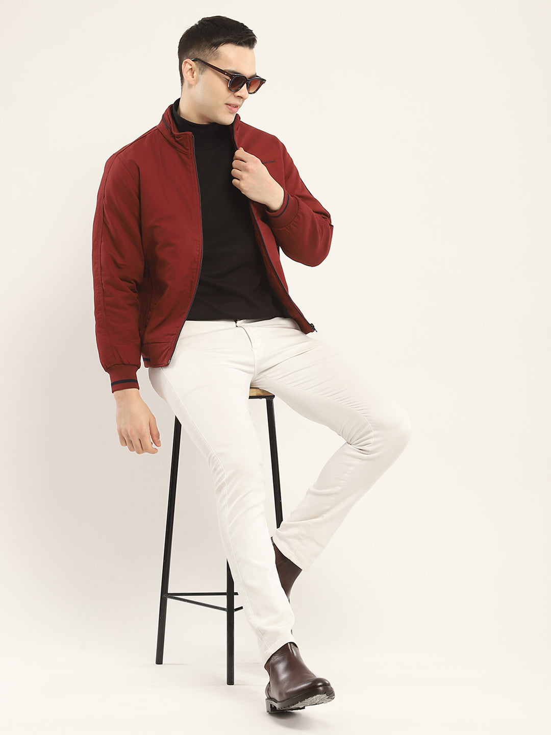 Men Rust Solid Mock Neck Full Sleeve Jacket